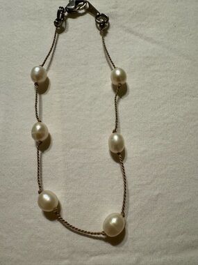 Elegant Pearl Station Necklace - White Pearls on Brown Cord